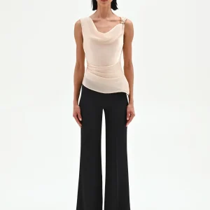 Top beige chiaro drappeggiato in tessuto cangiante